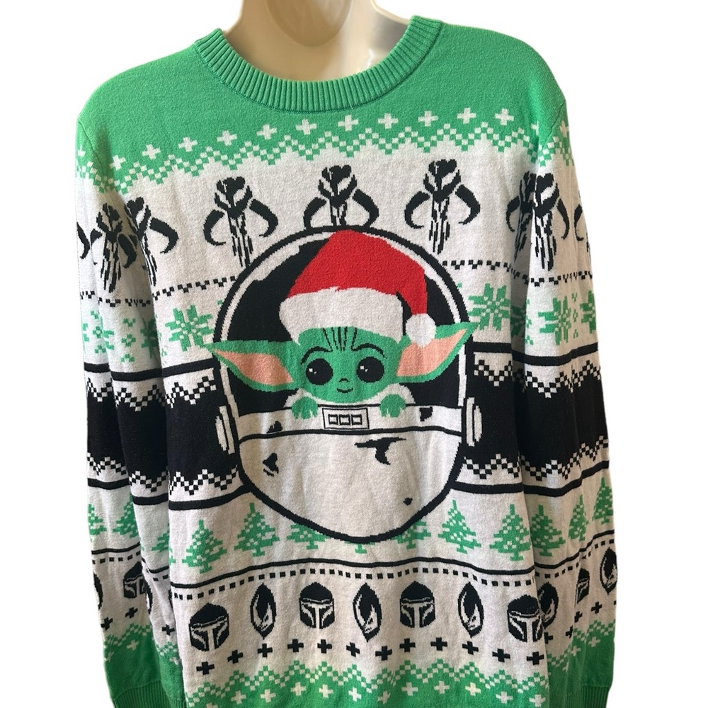 Star Wars Ugly Christmas Sweater Mens Large Mandalorian Grogu Green Fair Isle